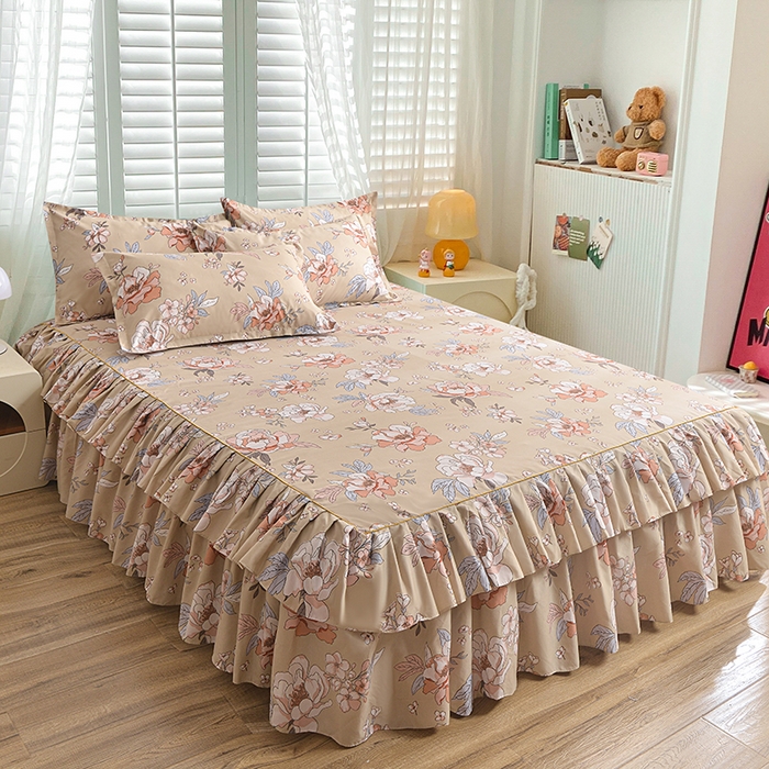 91家纺网 家纺一手货源 找家纺 小雨家纺 2026年跨境电商芦荟棉床裙床罩三件套单品 楚楚动人棕