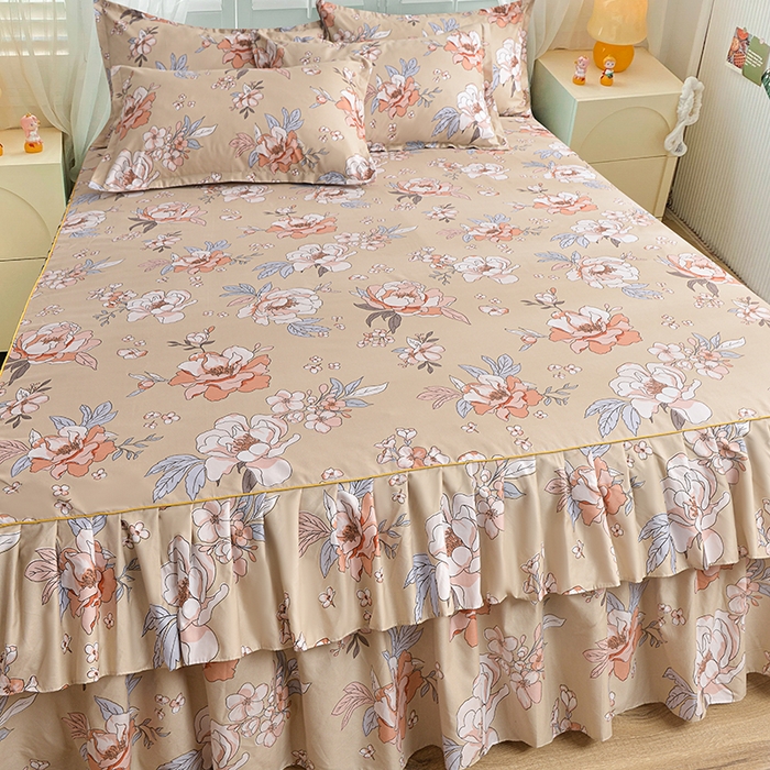 91家纺网 家纺一手货源 找家纺 小雨家纺 2026年跨境电商芦荟棉床裙床罩三件套单品 楚楚动人棕