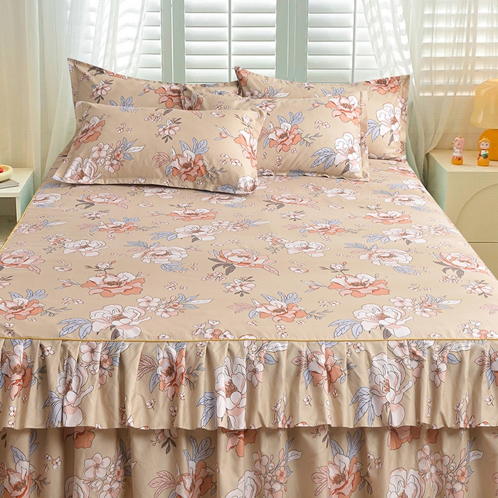 91家纺网 家纺一手货源 找家纺 小雨家纺 2026年跨境电商芦荟棉床裙床罩三件套单品 楚楚动人棕