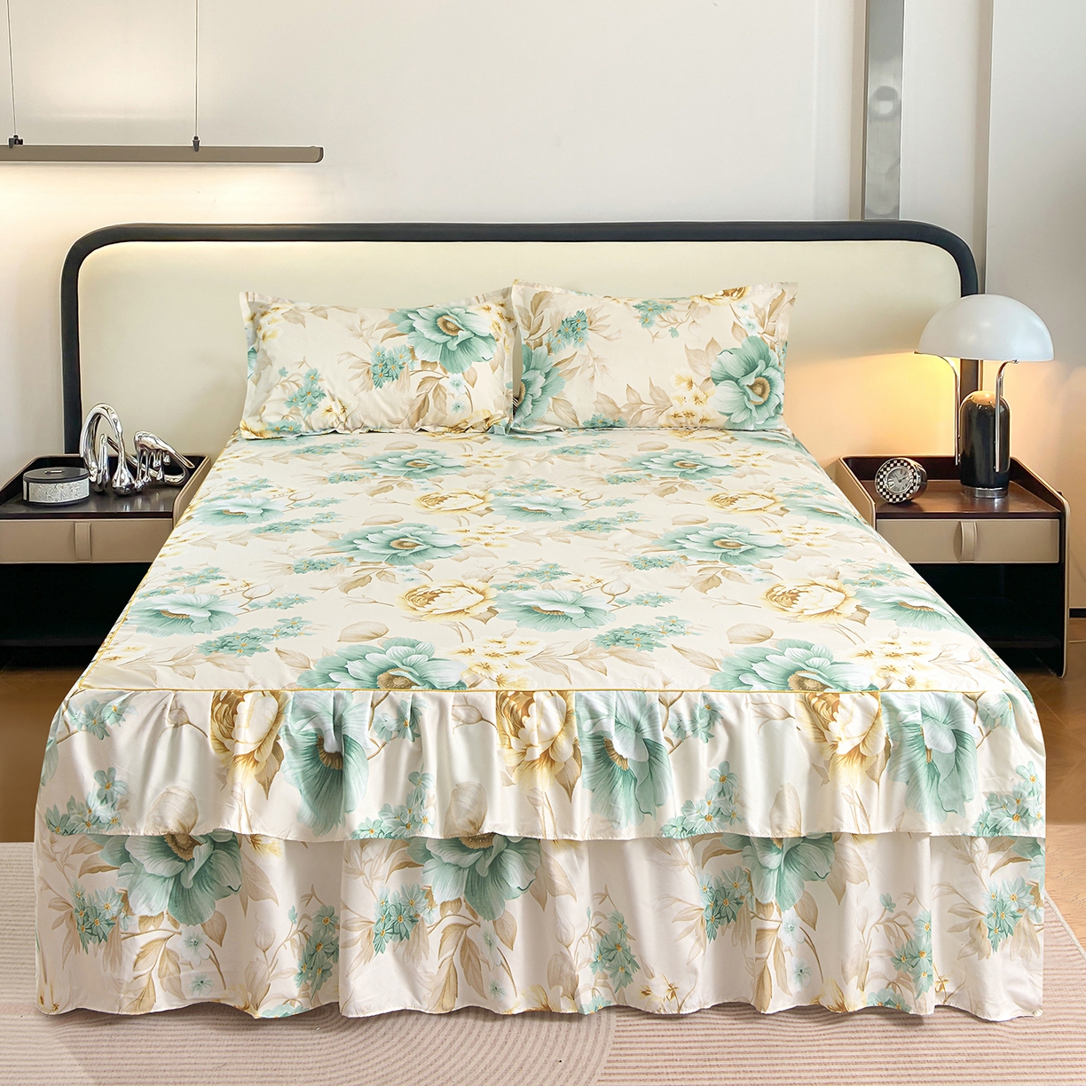 小雨家纺 2026年跨境电商芦荟棉床裙床罩三件套单品 浅夏繁花