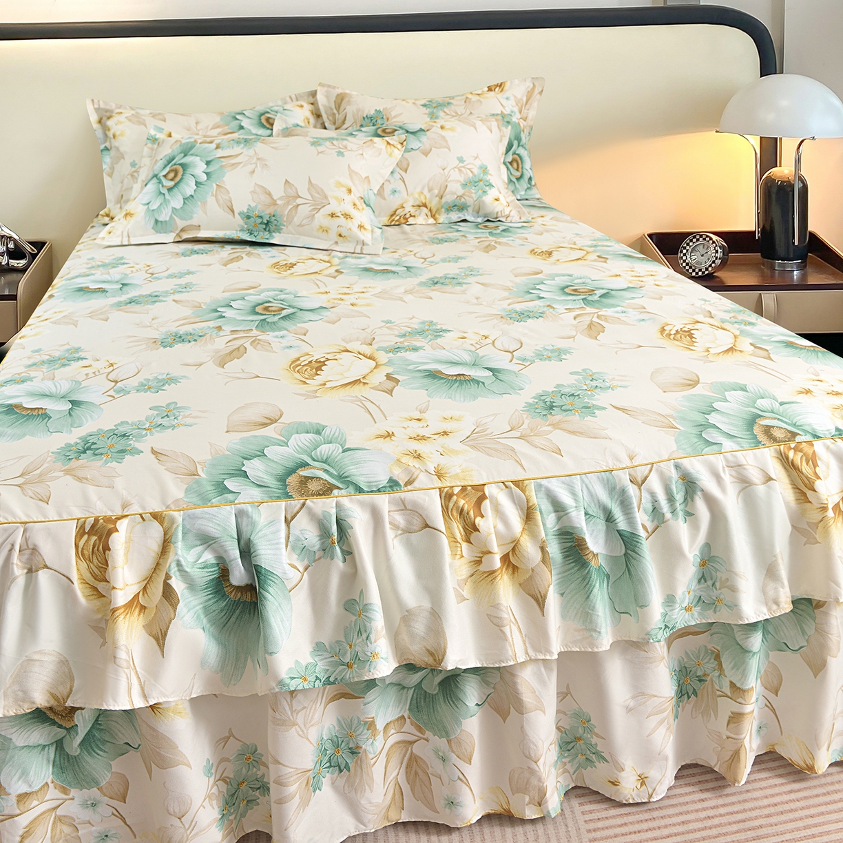 91家纺网 家纺一手货源 找家纺 小雨家纺 2026年跨境电商芦荟棉床裙床罩三件套单品 浅夏繁花