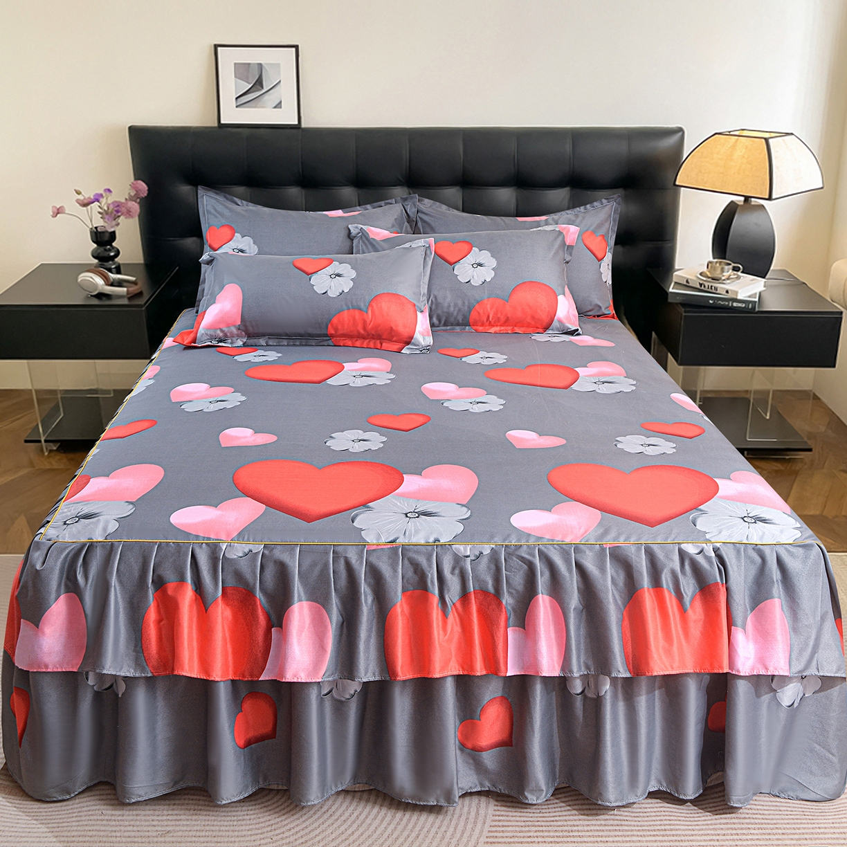 小雨家纺 2026年跨境电商芦荟棉床裙床罩三件套单品 心漾流年