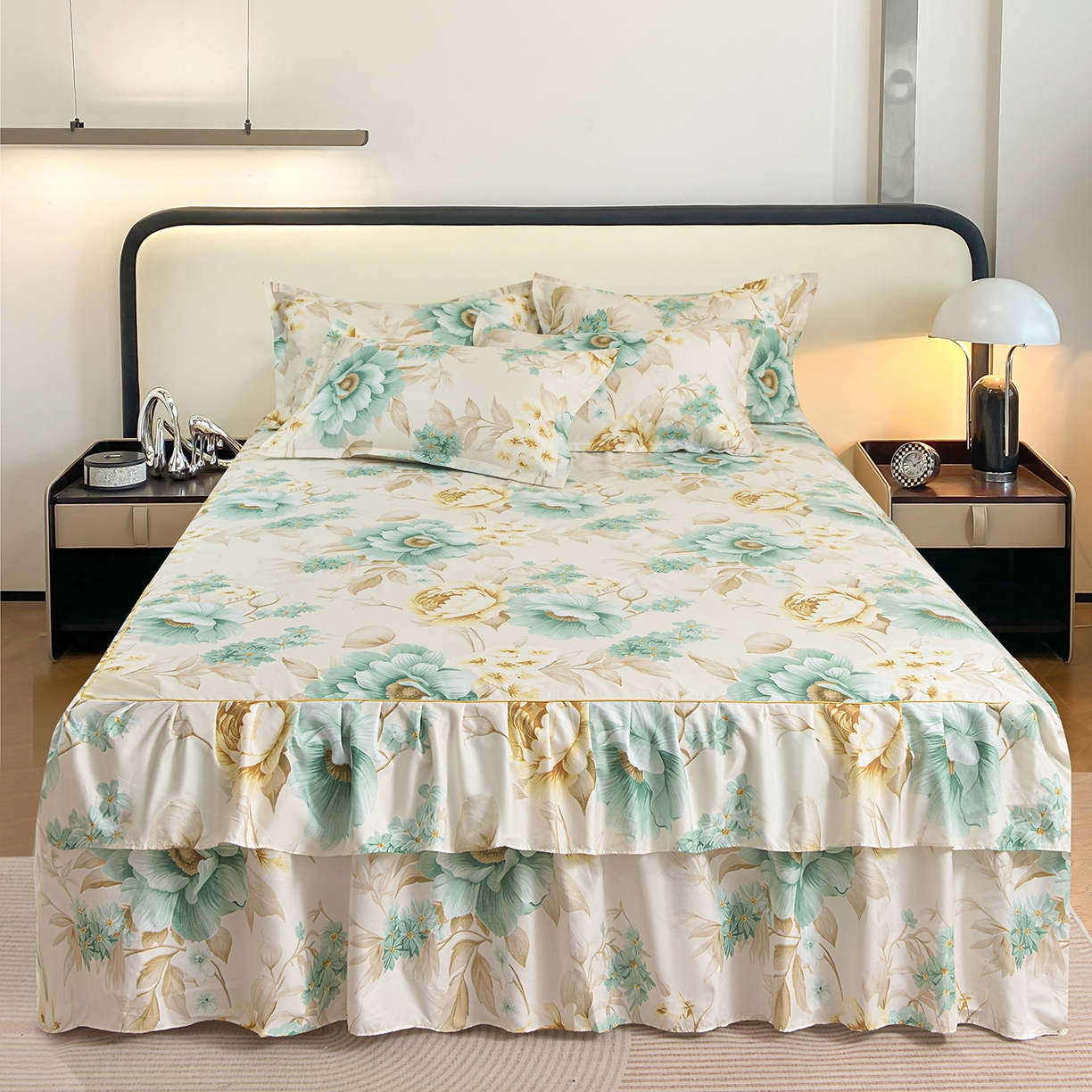 91家纺网 家纺一手货源 找家纺 小雨家纺 2026年跨境电商芦荟棉床裙床罩三件套单品 浅夏繁花