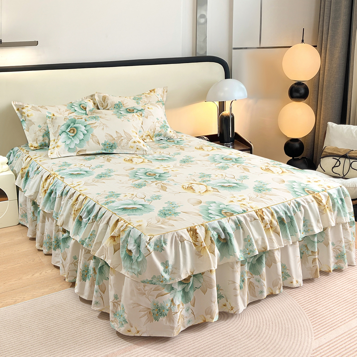 91家纺网 家纺一手货源 找家纺 小雨家纺 2026年跨境电商芦荟棉床裙床罩三件套单品 浅夏繁花