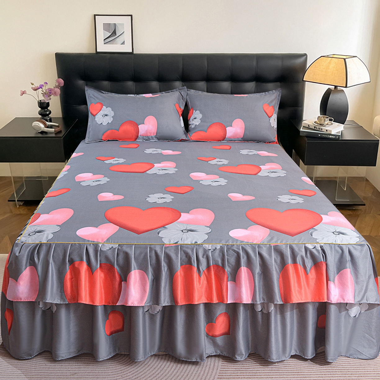 91家纺网 家纺一手货源 找家纺 小雨家纺 2026年跨境电商芦荟棉床裙床罩三件套单品 心漾流年