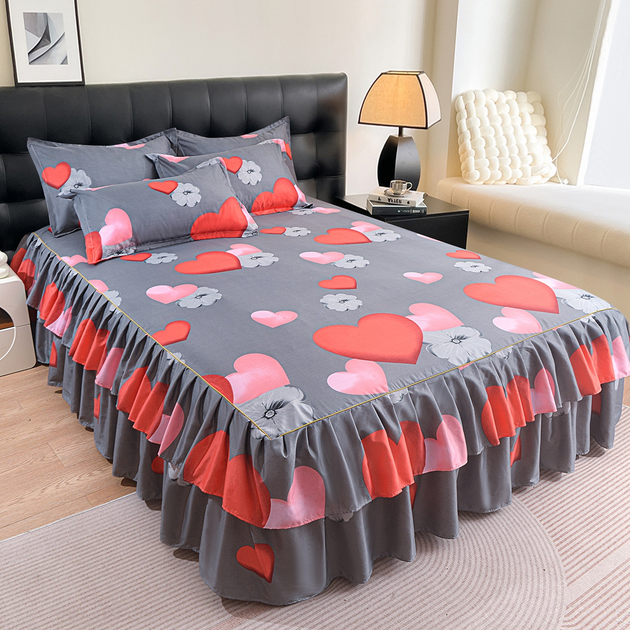 91家纺网 家纺一手货源 找家纺 小雨家纺 2026年跨境电商芦荟棉床裙床罩三件套单品 心漾流年