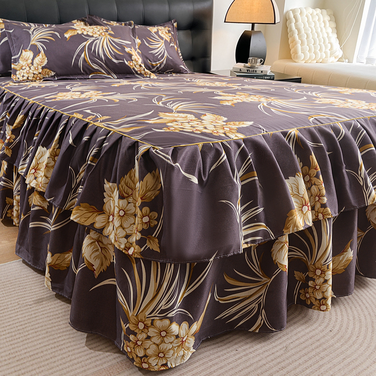 91家纺网 家纺一手货源 找家纺 小雨家纺 2026年跨境电商芦荟棉床裙床罩三件套单品 紫韵兰香