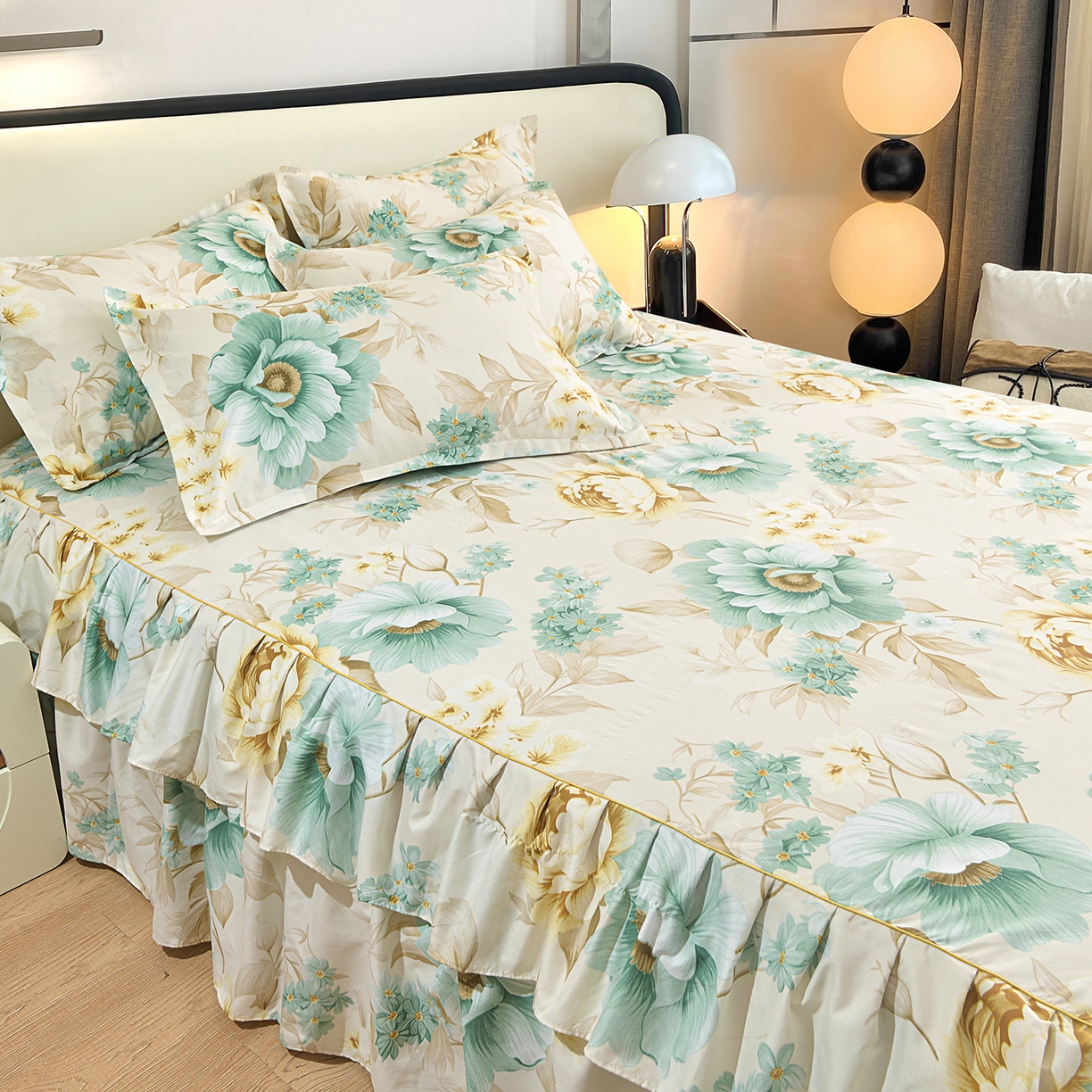 91家纺网 家纺一手货源 找家纺 小雨家纺 2026年跨境电商芦荟棉床裙床罩三件套单品 浅夏繁花