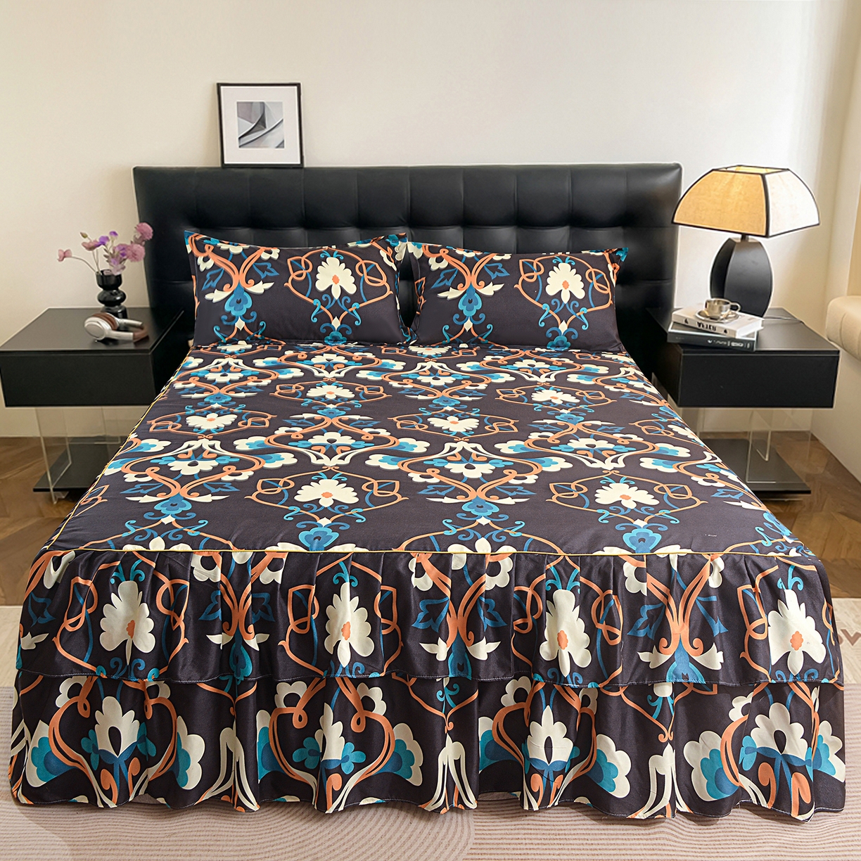 小雨家纺 2026年跨境电商芦荟棉床裙床罩三件套单品 夜阑繁花