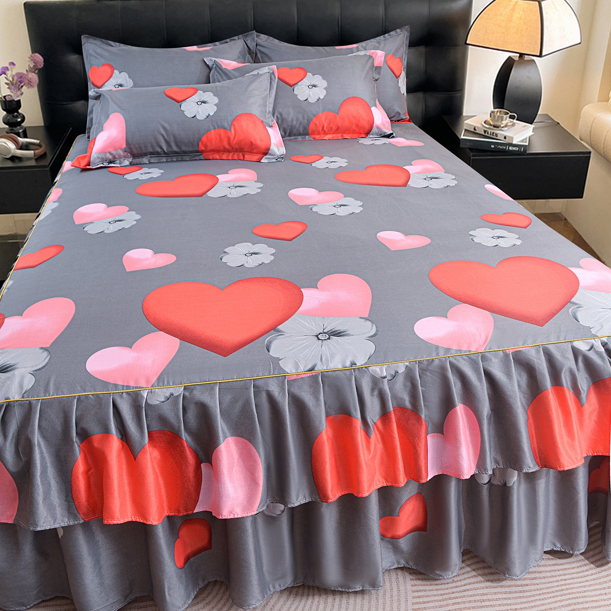 91家纺网 家纺一手货源 找家纺 小雨家纺 2026年跨境电商芦荟棉床裙床罩三件套单品 心漾流年