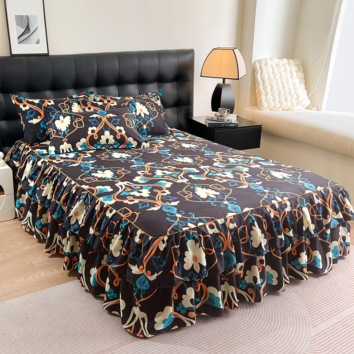 91家纺网 家纺一手货源 找家纺 小雨家纺 2026年跨境电商芦荟棉床裙床罩三件套单品 夜阑繁花