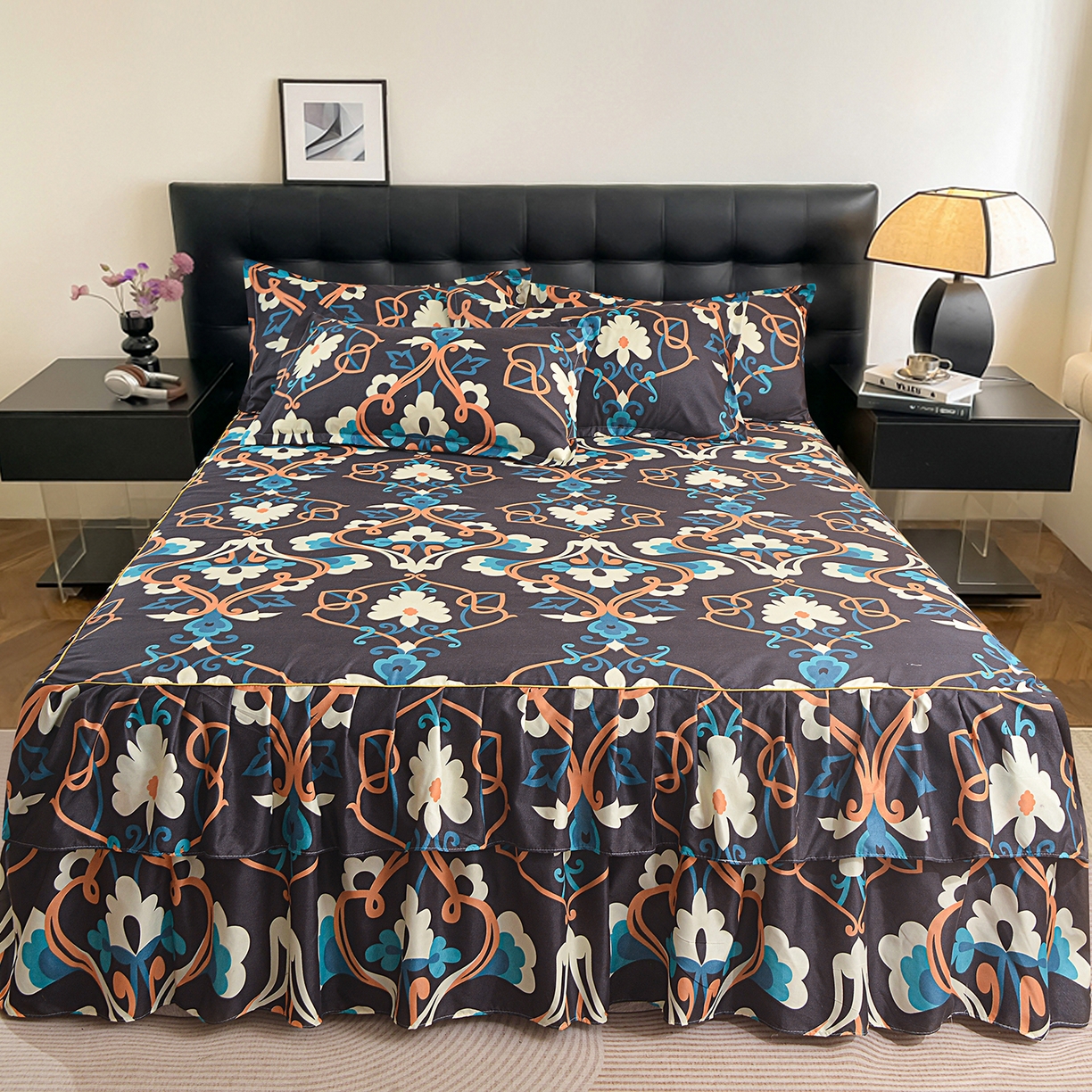 91家纺网 家纺一手货源 找家纺 小雨家纺 2026年跨境电商芦荟棉床裙床罩三件套单品 夜阑繁花