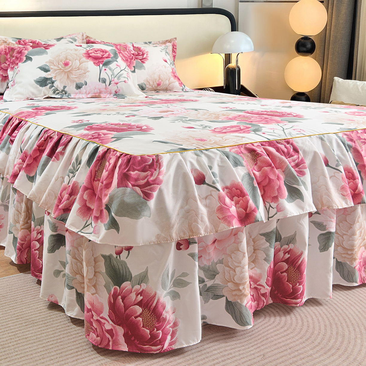 91家纺网 家纺一手货源 找家纺 小雨家纺 2026年跨境电商芦荟棉床裙床罩三件套单品 醉梦繁花