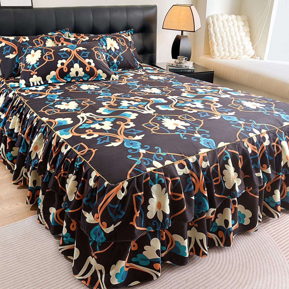 91家纺网 家纺一手货源 找家纺 小雨家纺 2026年跨境电商芦荟棉床裙床罩三件套单品 夜阑繁花