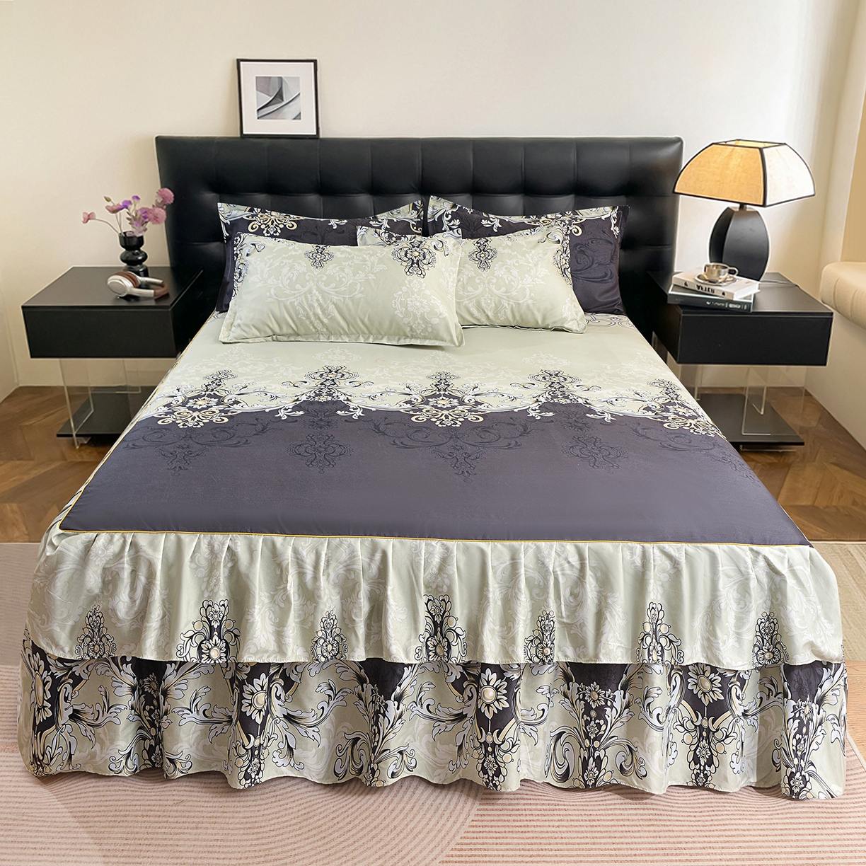 91家纺网 家纺一手货源 找家纺 小雨家纺 2026年跨境电商芦荟棉床裙床罩三件套单品 古堡绮梦