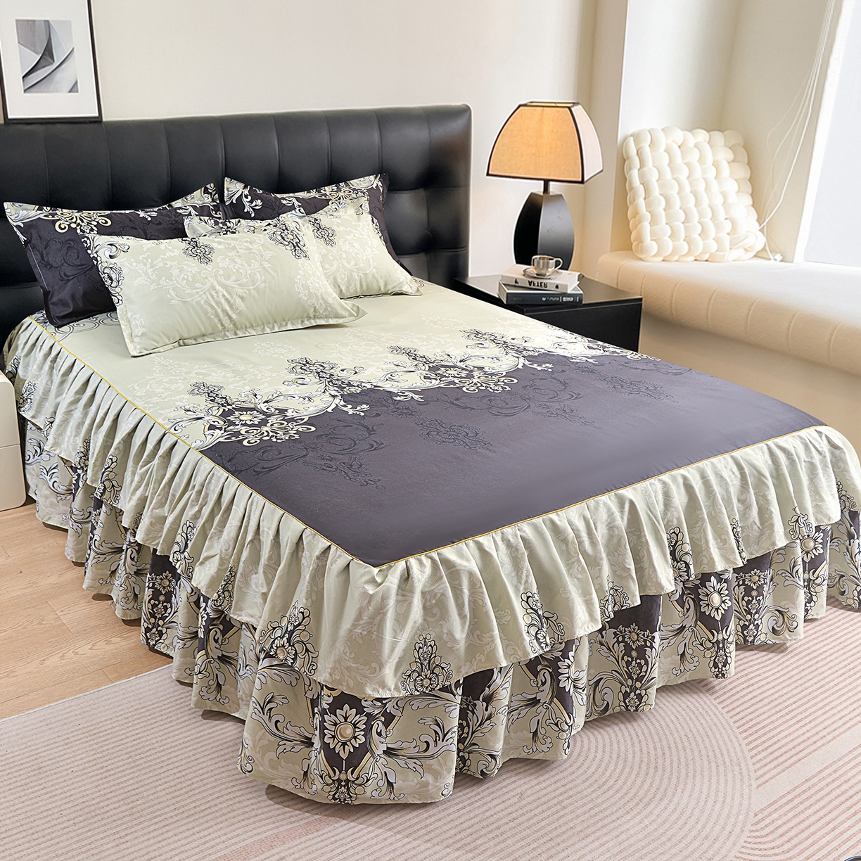 91家纺网 家纺一手货源 找家纺 小雨家纺 2026年跨境电商芦荟棉床裙床罩三件套单品 古堡绮梦