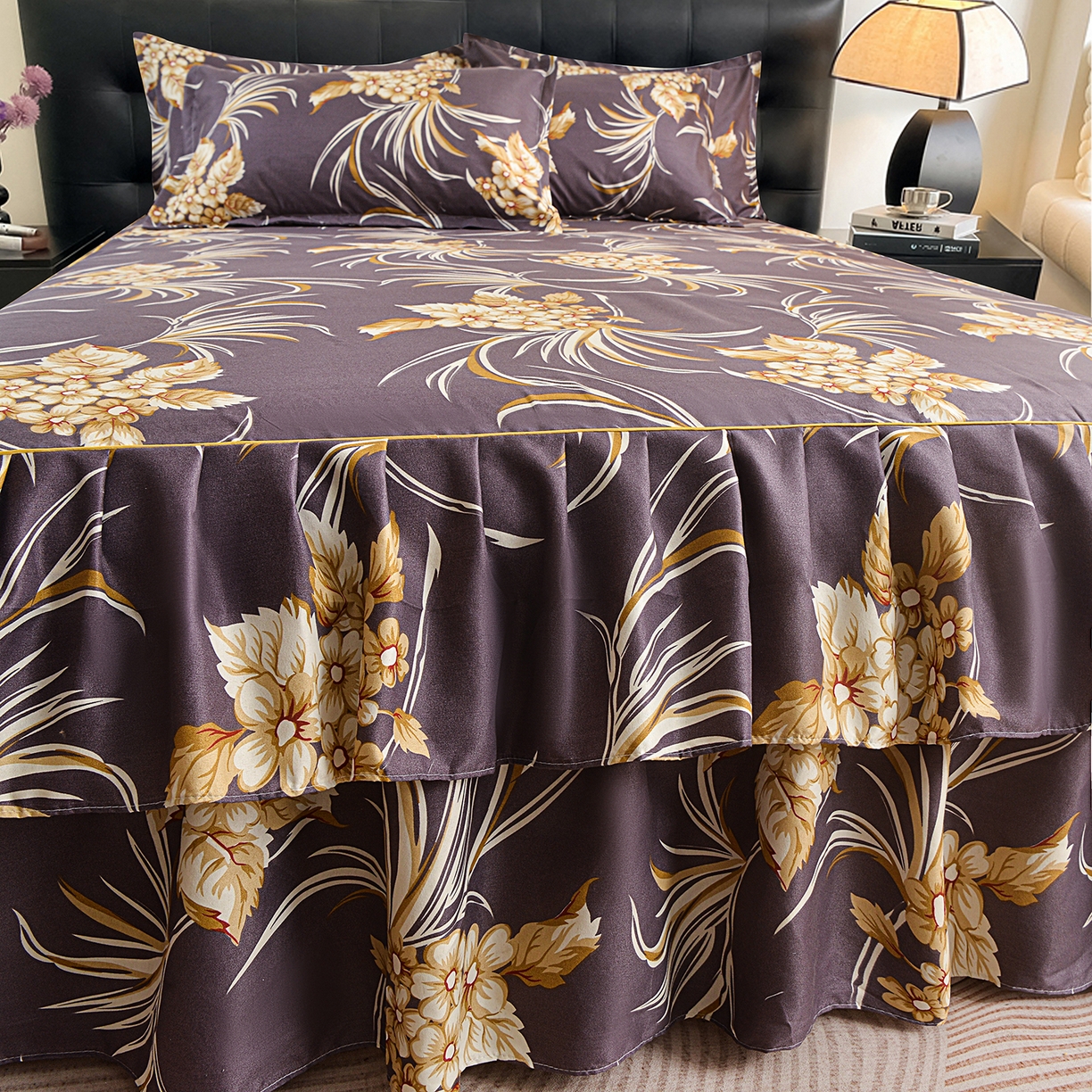 91家纺网 家纺一手货源 找家纺 小雨家纺 2026年跨境电商芦荟棉床裙床罩三件套单品 紫韵兰香