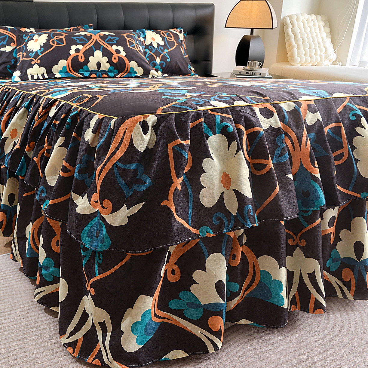 91家纺网 家纺一手货源 找家纺 小雨家纺 2026年跨境电商芦荟棉床裙床罩三件套单品 夜阑繁花