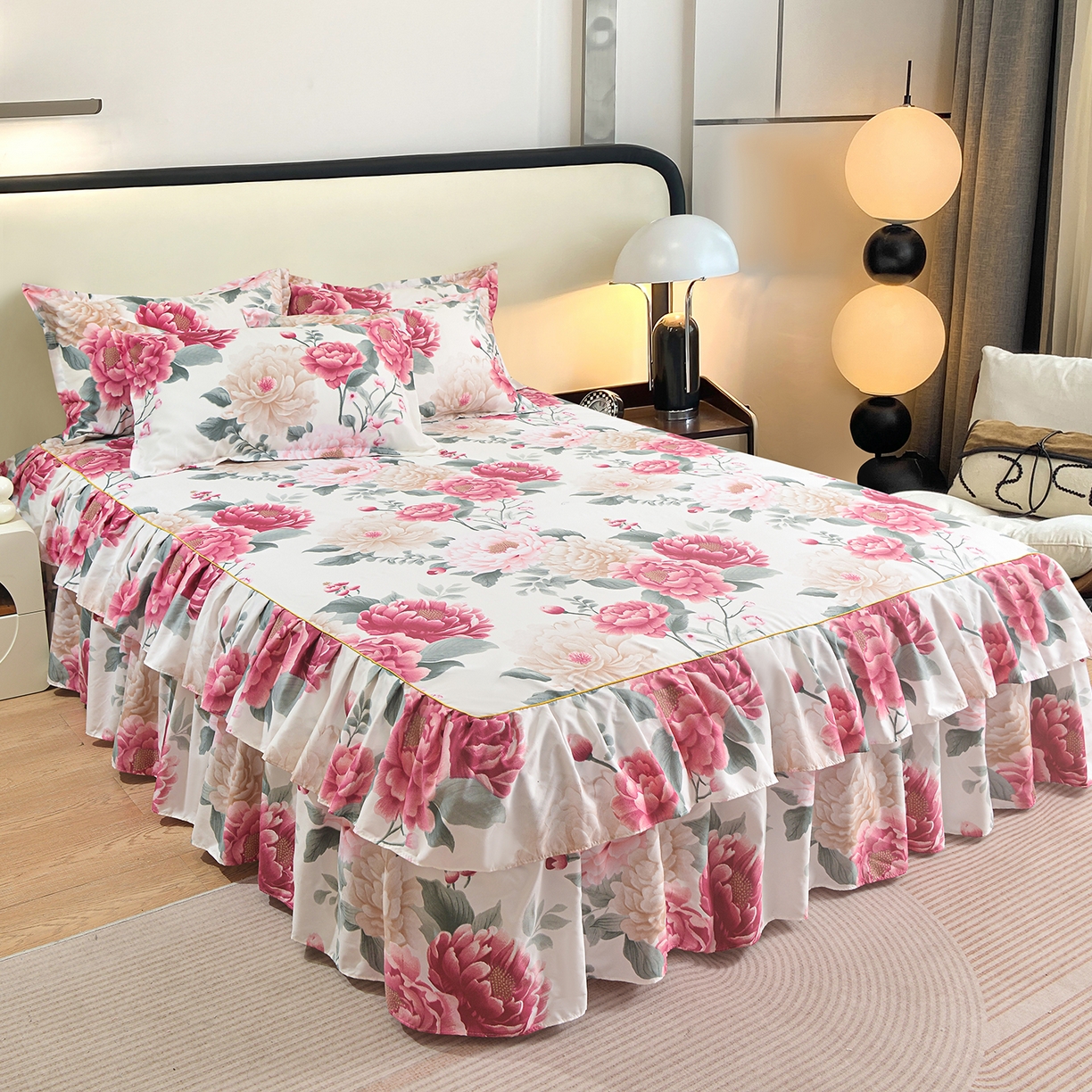 91家纺网 家纺一手货源 找家纺 小雨家纺 2026年跨境电商芦荟棉床裙床罩三件套单品 醉梦繁花