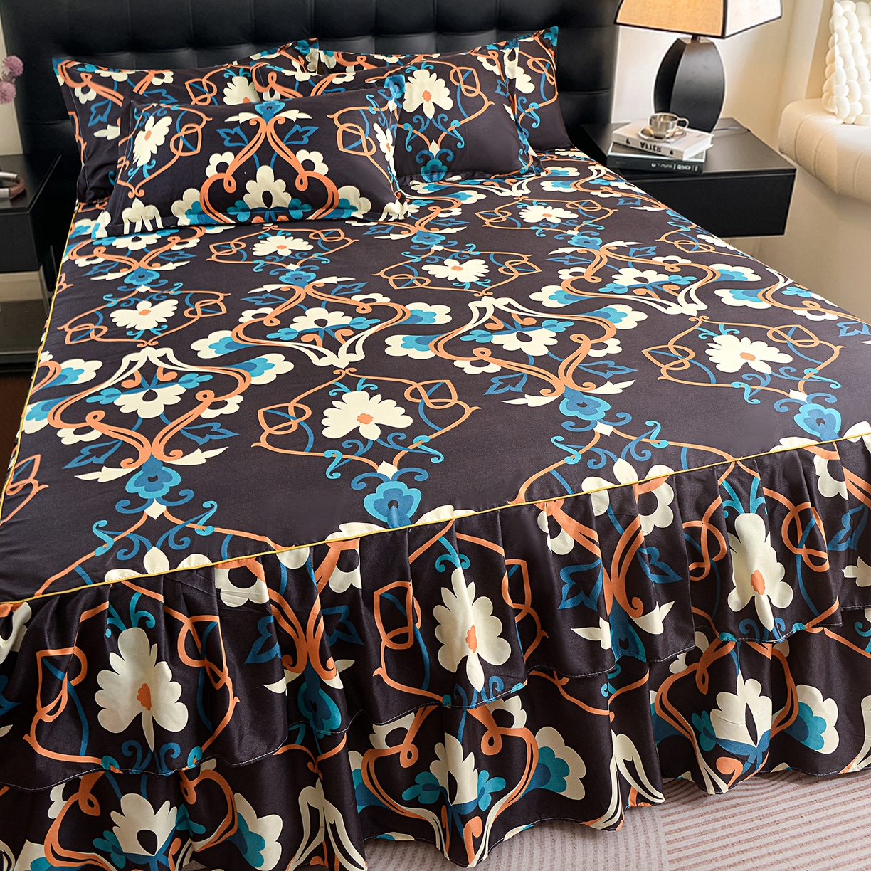 91家纺网 家纺一手货源 找家纺 小雨家纺 2026年跨境电商芦荟棉床裙床罩三件套单品 夜阑繁花