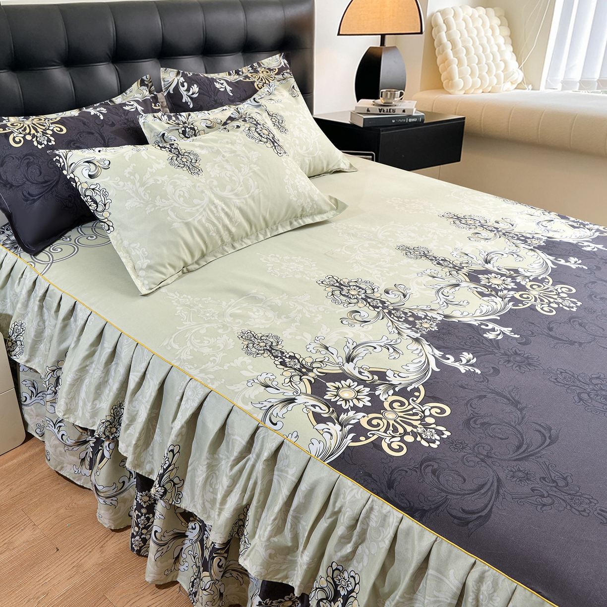 91家纺网 家纺一手货源 找家纺 小雨家纺 2026年跨境电商芦荟棉床裙床罩三件套单品 古堡绮梦