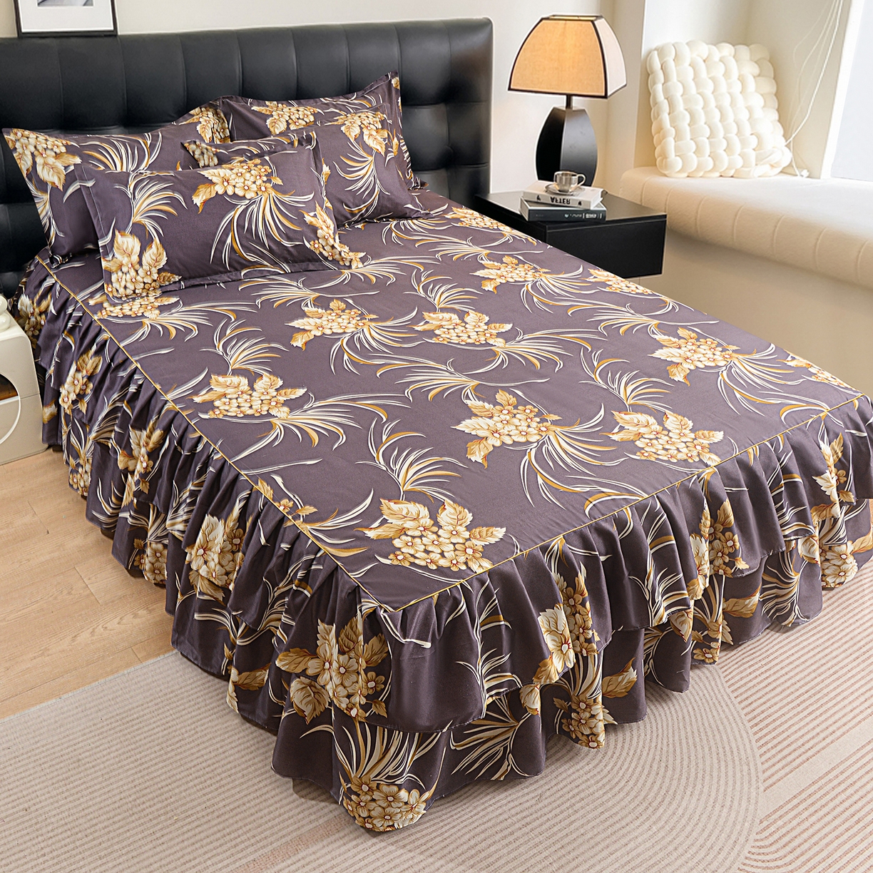 91家纺网 家纺一手货源 找家纺 小雨家纺 2026年跨境电商芦荟棉床裙床罩三件套单品 紫韵兰香