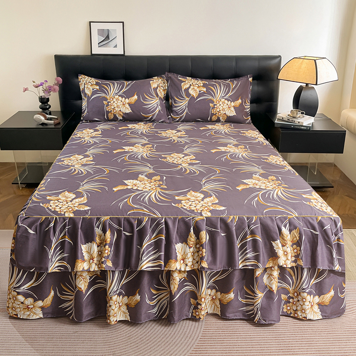 91家纺网 家纺一手货源 找家纺 小雨家纺 2026年跨境电商芦荟棉床裙床罩三件套单品 紫韵兰香