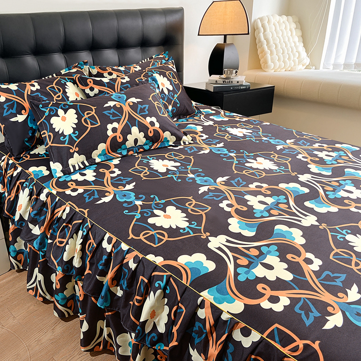 91家纺网 家纺一手货源 找家纺 小雨家纺 2026年跨境电商芦荟棉床裙床罩三件套单品 夜阑繁花