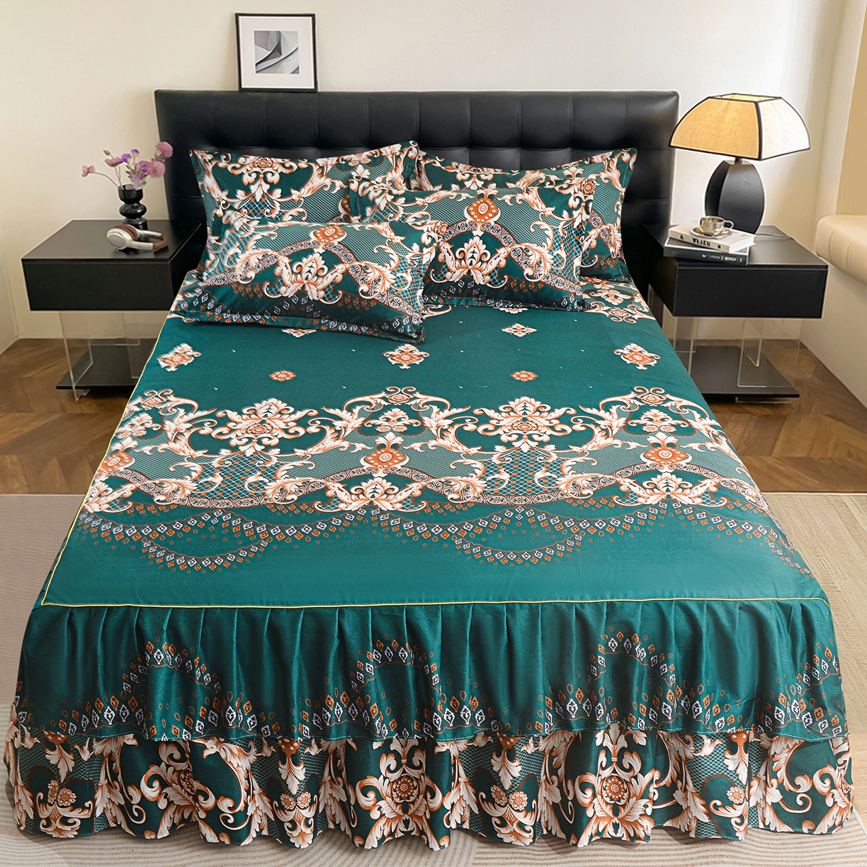 小雨家纺 2026年跨境电商芦荟棉床裙床罩三件套单品 鎏金织锦