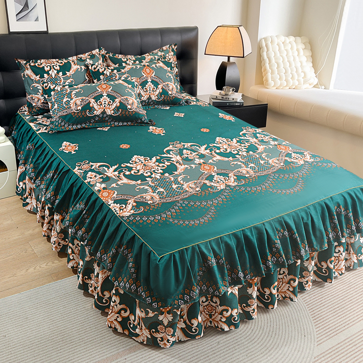 91家纺网 家纺一手货源 找家纺 小雨家纺 2026年跨境电商芦荟棉床裙床罩三件套单品 鎏金织锦