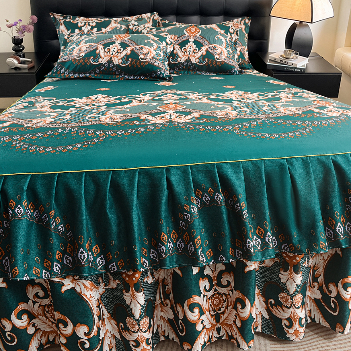 91家纺网 家纺一手货源 找家纺 小雨家纺 2026年跨境电商芦荟棉床裙床罩三件套单品 鎏金织锦