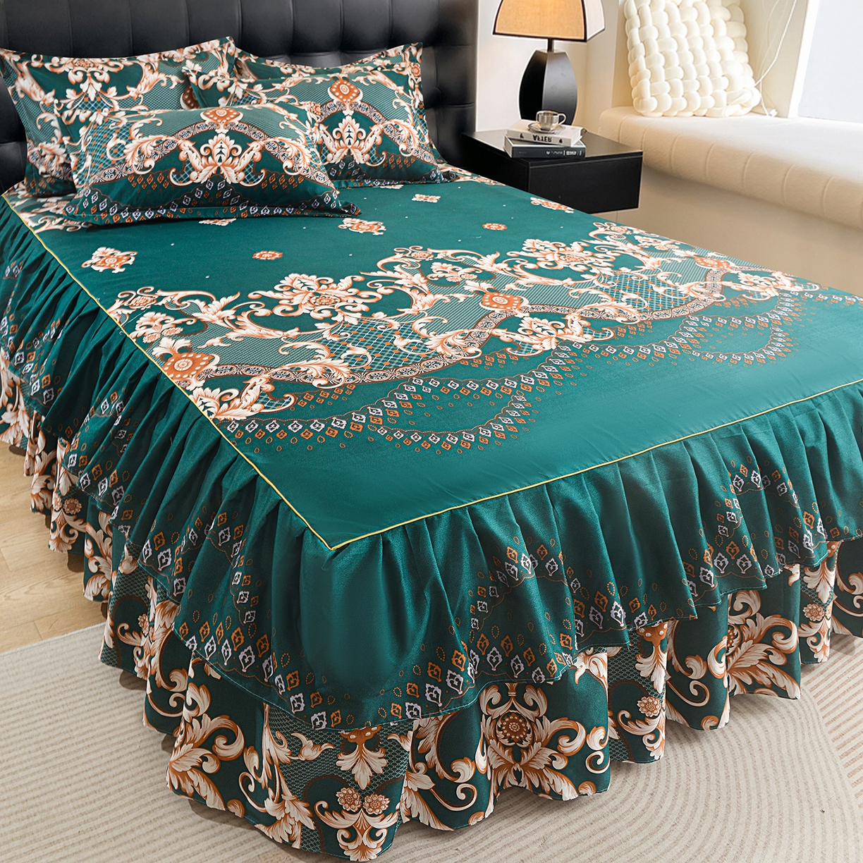 91家纺网 家纺一手货源 找家纺 小雨家纺 2026年跨境电商芦荟棉床裙床罩三件套单品 鎏金织锦