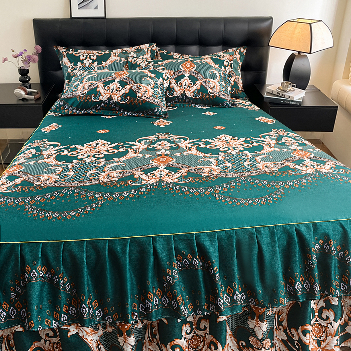 91家纺网 家纺一手货源 找家纺 小雨家纺 2026年跨境电商芦荟棉床裙床罩三件套单品 鎏金织锦