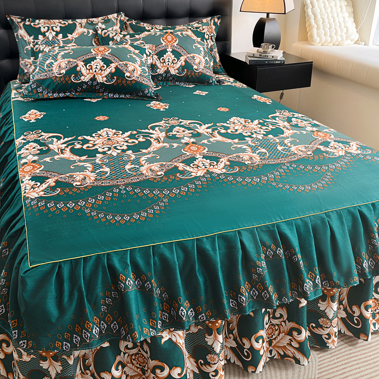 91家纺网 家纺一手货源 找家纺 小雨家纺 2026年跨境电商芦荟棉床裙床罩三件套单品 鎏金织锦