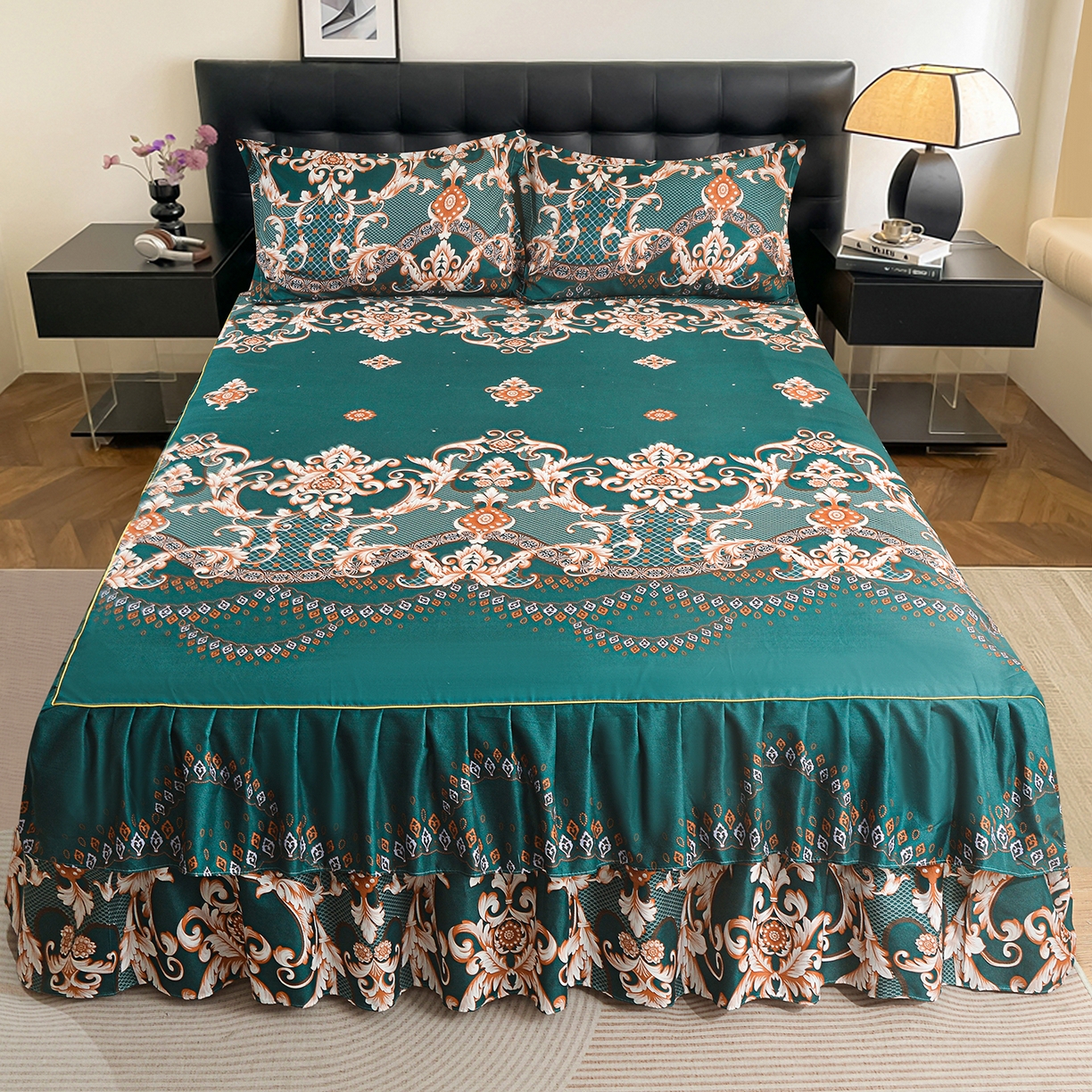 91家纺网 家纺一手货源 找家纺 小雨家纺 2026年跨境电商芦荟棉床裙床罩三件套单品 鎏金织锦