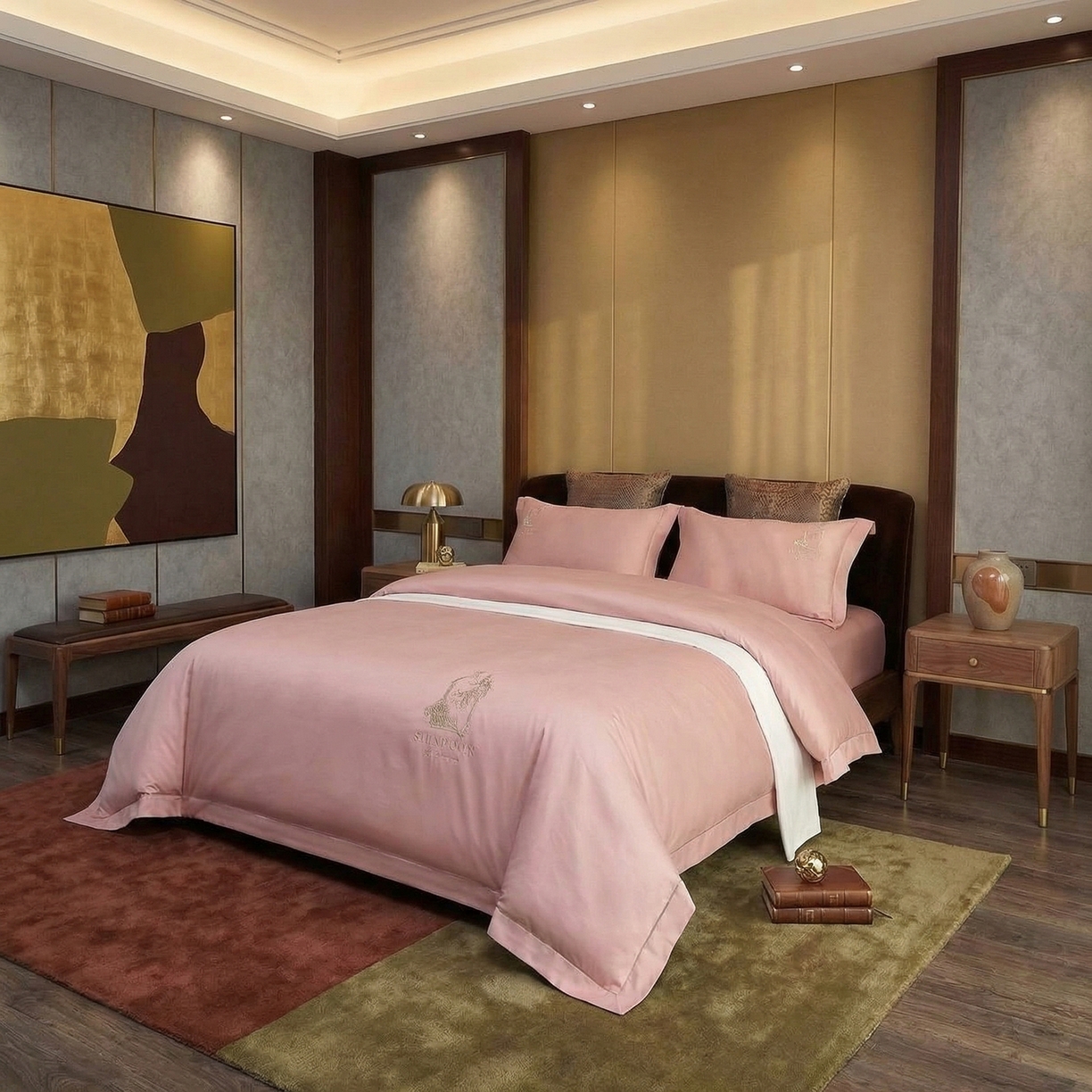 91家纺网 家纺一手货源 找家纺 U品汇 2026新款100支全棉纯棉长绒棉刺绣花四件套60S贡缎100%棉丝滑夏季冰丝凉爽 艾尚-豆沙