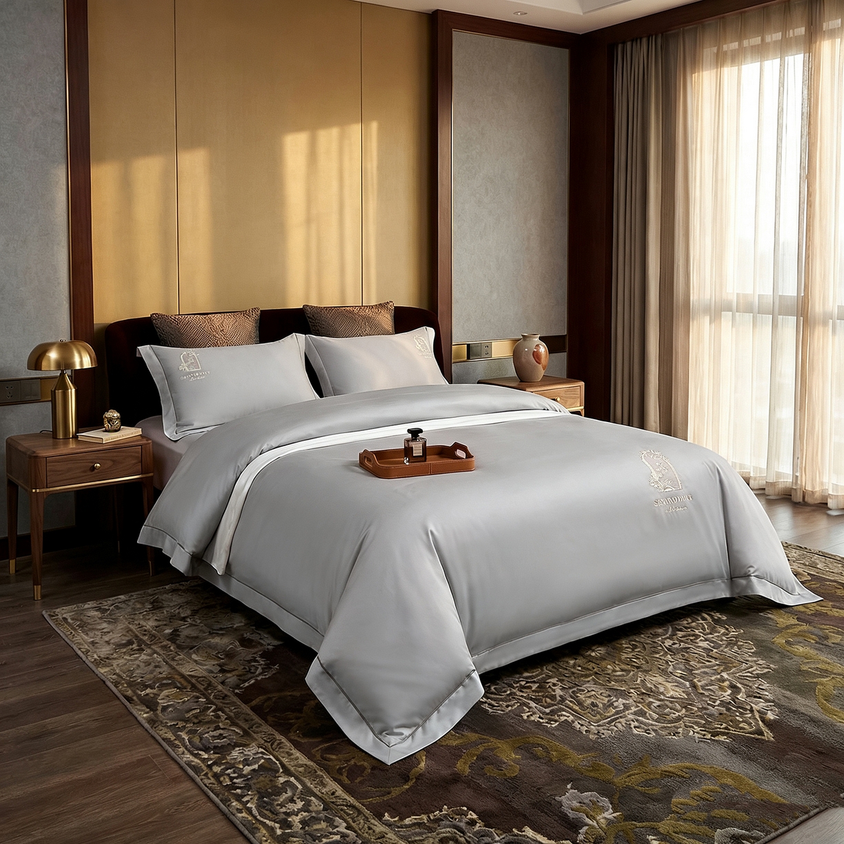 91家纺网 家纺一手货源 找家纺 U品汇 2026新款100支全棉纯棉长绒棉刺绣花四件套60S贡缎100%棉丝滑夏季冰丝凉爽 艾尚-高级灰