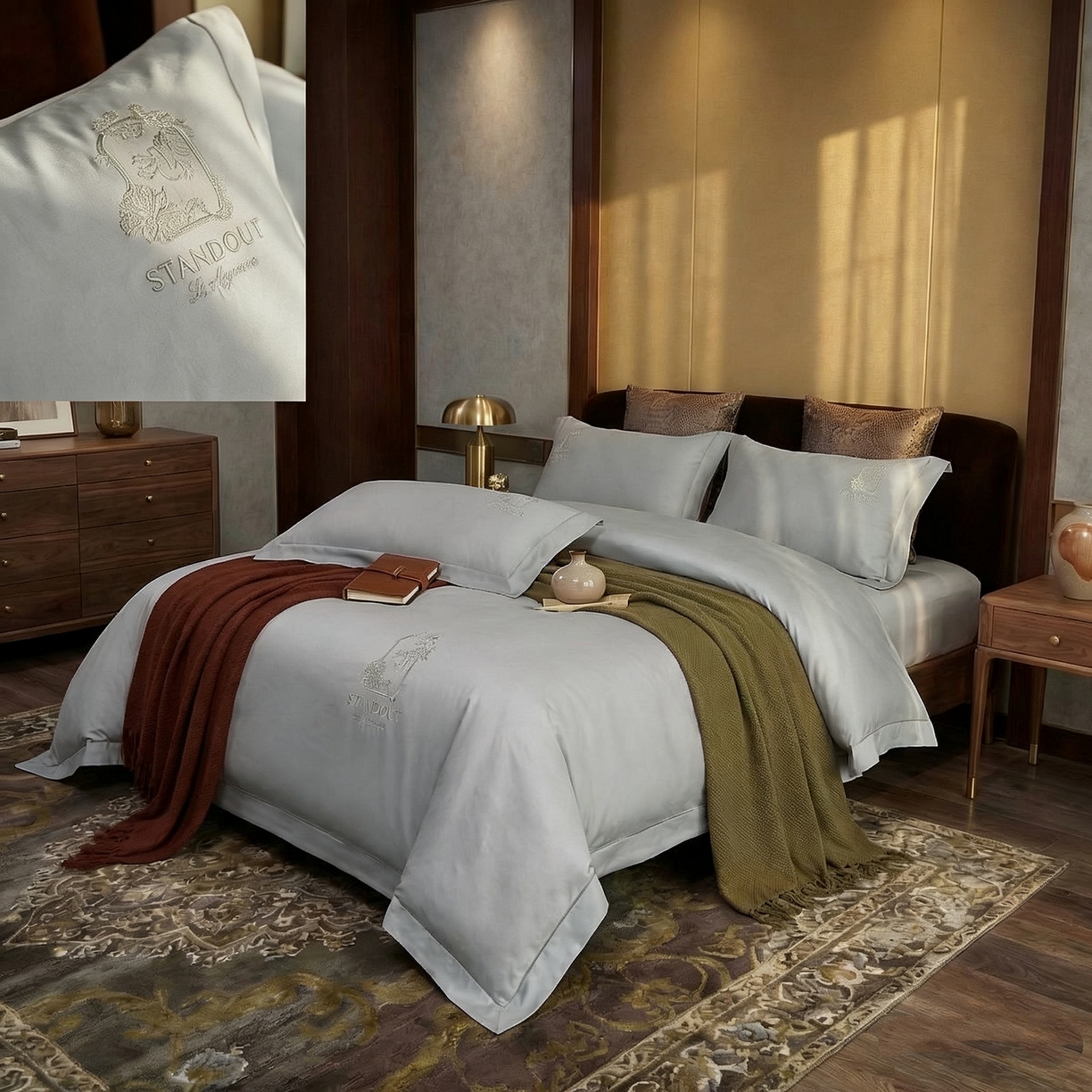 91家纺网 家纺一手货源 找家纺 U品汇 2026新款100支全棉纯棉长绒棉刺绣花四件套60S贡缎100%棉丝滑夏季冰丝凉爽 艾尚-高级灰