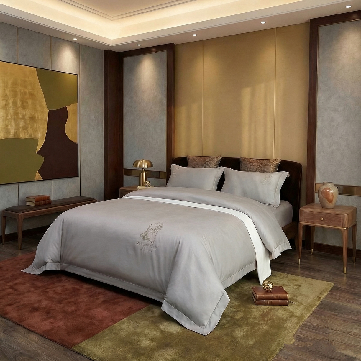 91家纺网 家纺一手货源 找家纺 U品汇 2026新款100支全棉纯棉长绒棉刺绣花四件套60S贡缎100%棉丝滑夏季冰丝凉爽 艾尚-高级灰