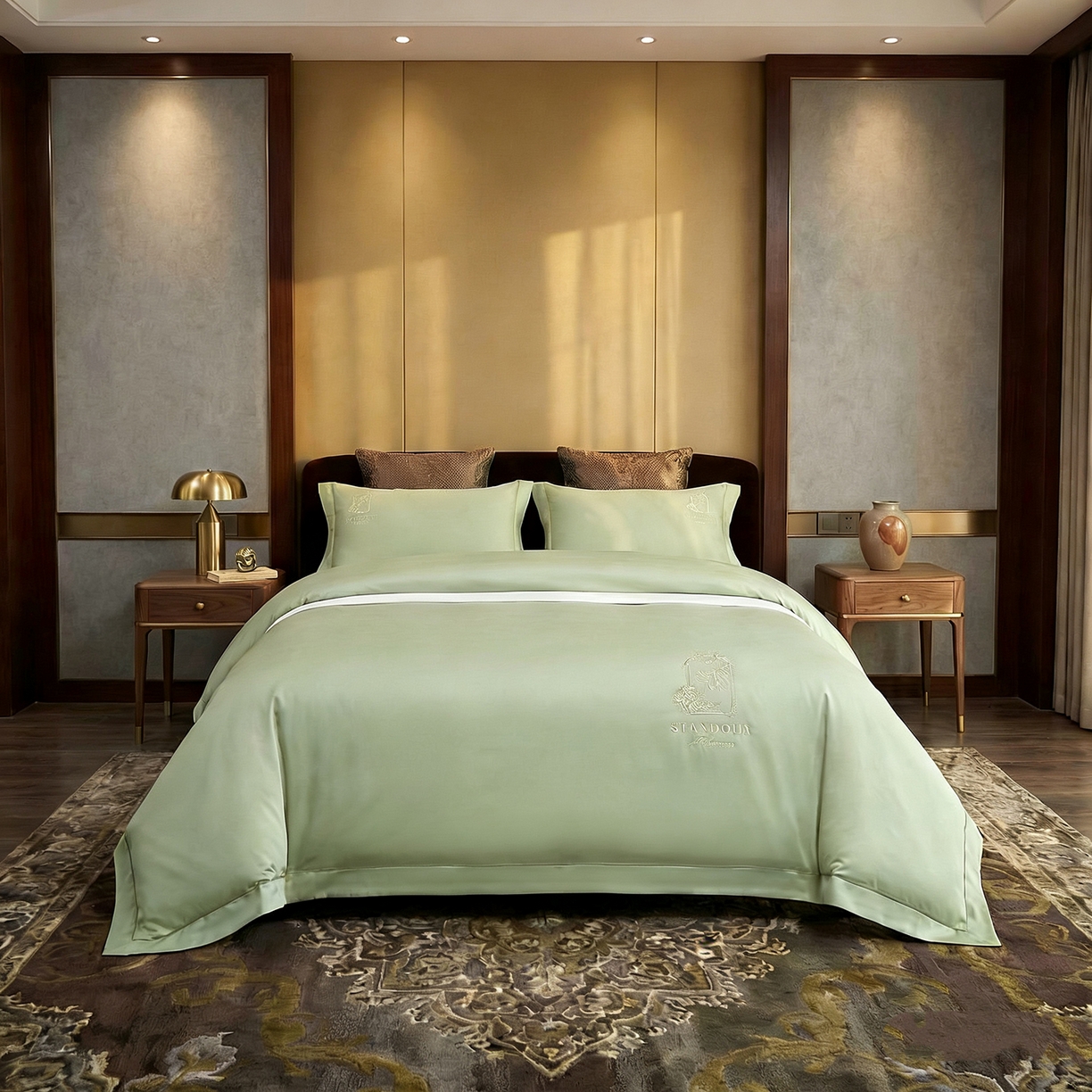 U品汇 2026新款100支全棉纯棉长绒棉刺绣花四件套60S贡缎100%棉丝滑夏季冰丝凉爽 艾尚-昧青