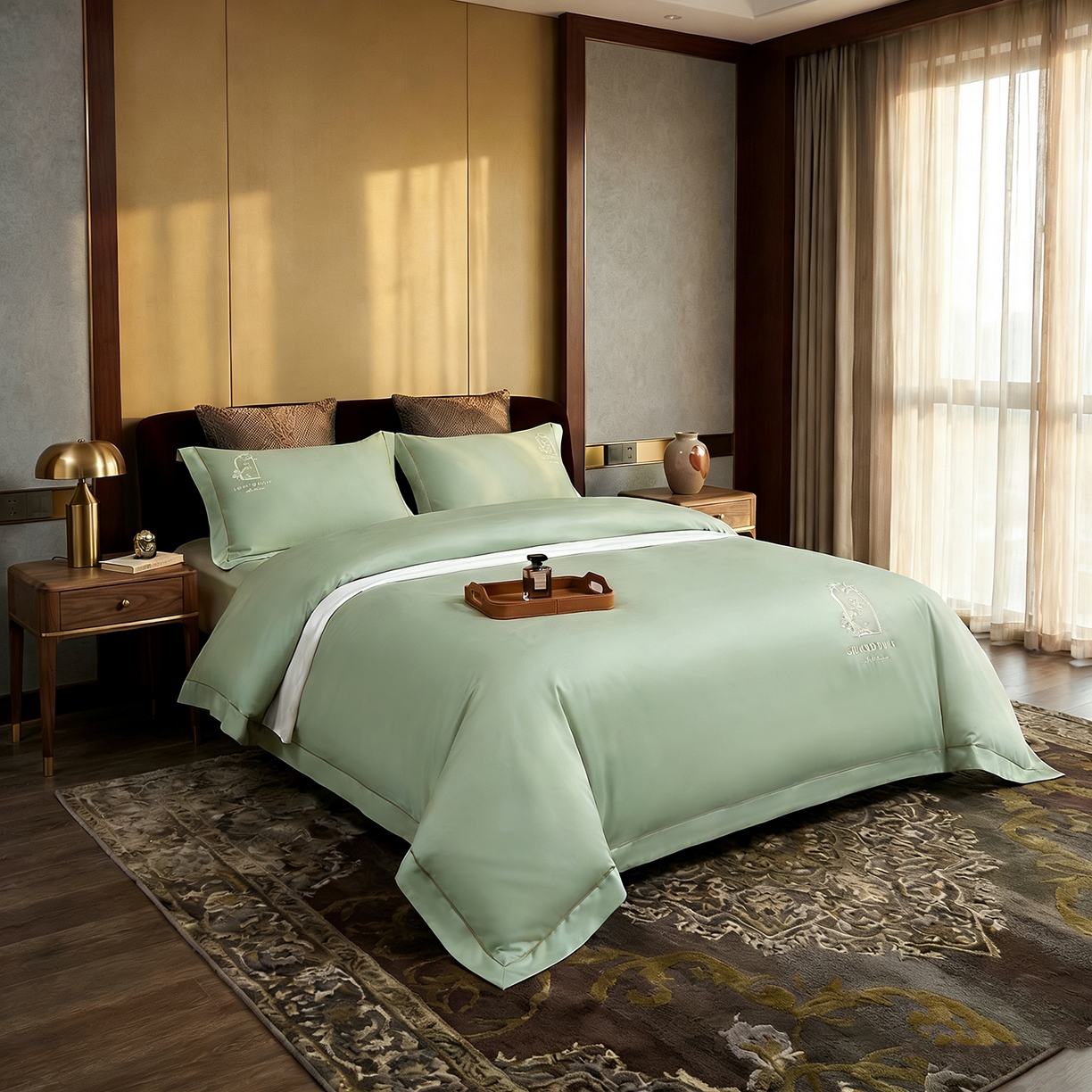 91家纺网 家纺一手货源 找家纺 U品汇 2026新款100支全棉纯棉长绒棉刺绣花四件套60S贡缎100%棉丝滑夏季冰丝凉爽 艾尚-昧青