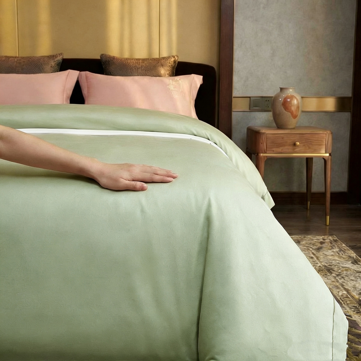 91家纺网 家纺一手货源 找家纺 U品汇 2026新款100支全棉纯棉长绒棉刺绣花四件套60S贡缎100%棉丝滑夏季冰丝凉爽 艾尚-昧青