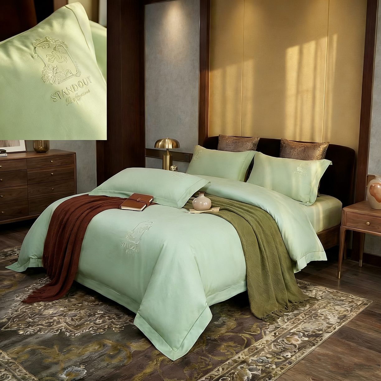 91家纺网 家纺一手货源 找家纺 U品汇 2026新款100支全棉纯棉长绒棉刺绣花四件套60S贡缎100%棉丝滑夏季冰丝凉爽 艾尚-昧青