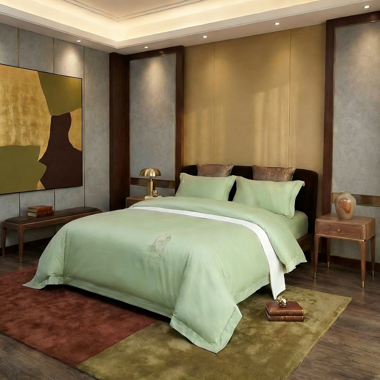 91家纺网 家纺一手货源 找家纺 U品汇 2026新款100支全棉纯棉长绒棉刺绣花四件套60S贡缎100%棉丝滑夏季冰丝凉爽 艾尚-昧青