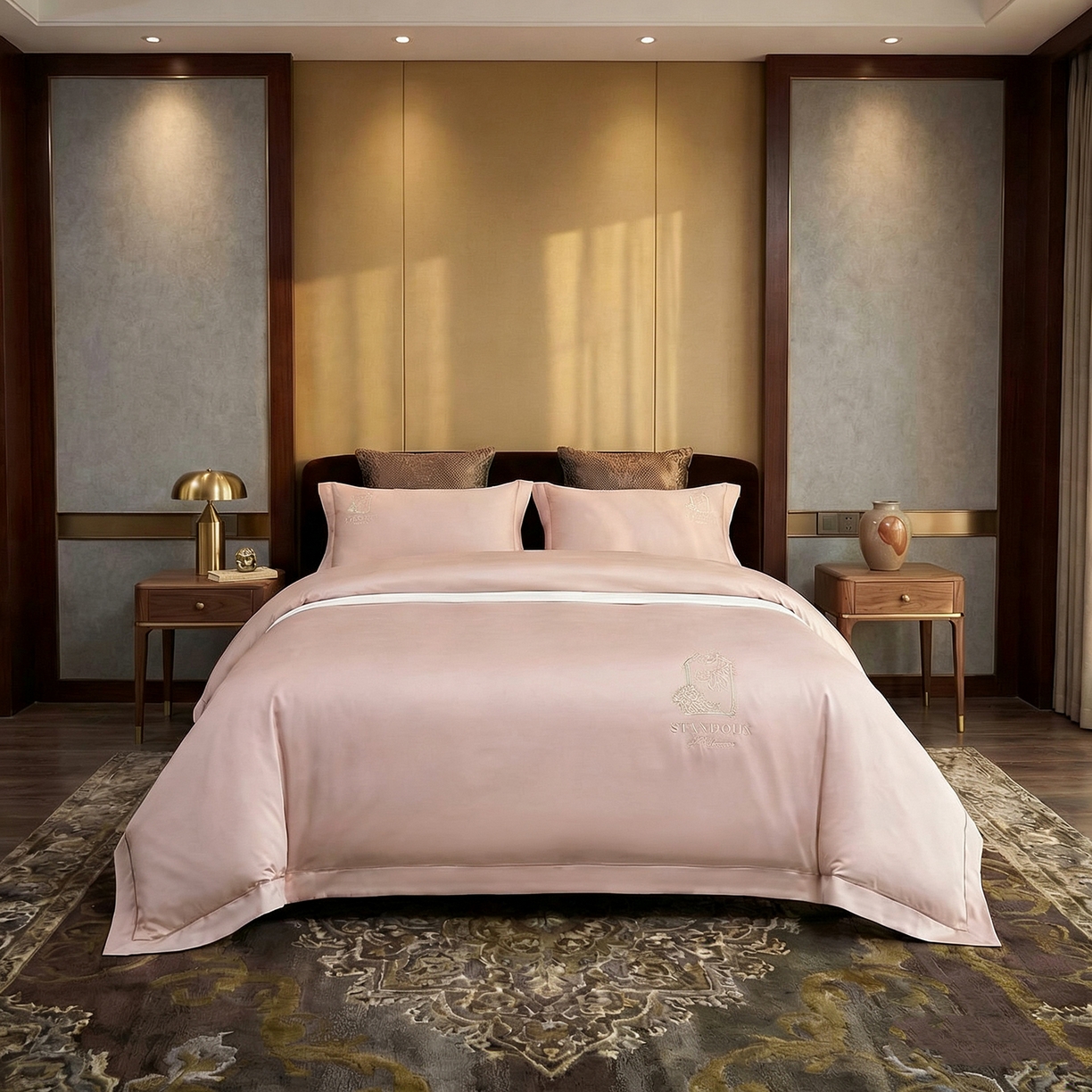 U品汇 2026新款100支全棉纯棉长绒棉刺绣花四件套60S贡缎100%棉丝滑夏季冰丝凉爽 艾尚-藕粉玉