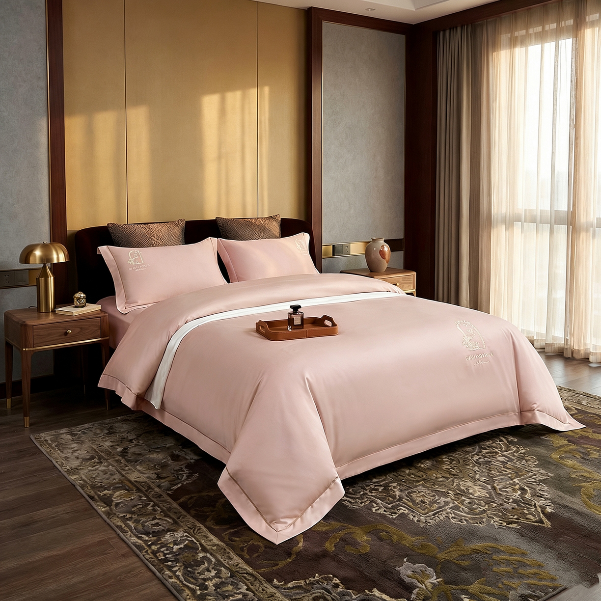 91家纺网 家纺一手货源 找家纺 U品汇 2026新款100支全棉纯棉长绒棉刺绣花四件套60S贡缎100%棉丝滑夏季冰丝凉爽 艾尚-藕粉玉