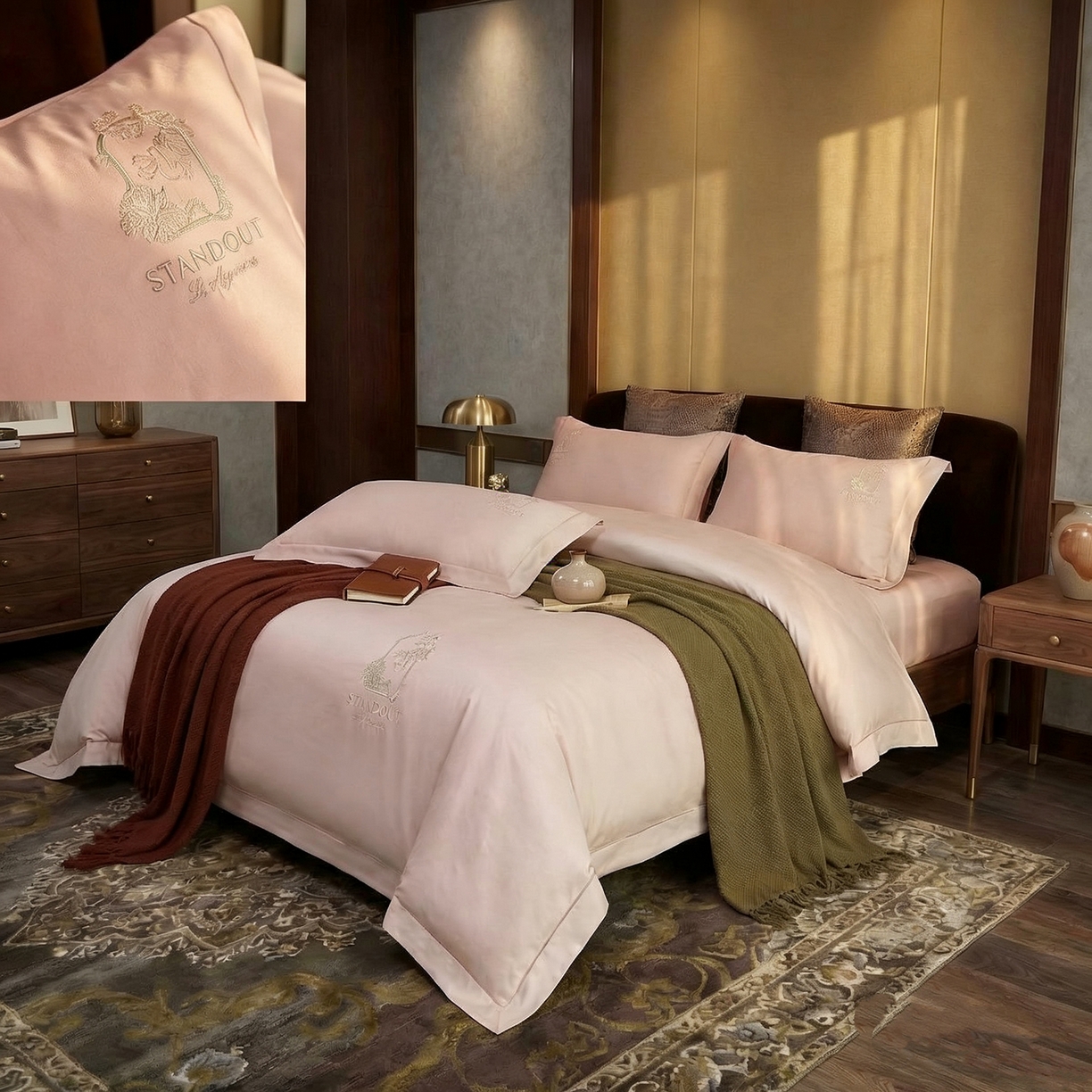 91家纺网 家纺一手货源 找家纺 U品汇 2026新款100支全棉纯棉长绒棉刺绣花四件套60S贡缎100%棉丝滑夏季冰丝凉爽 艾尚-藕粉玉