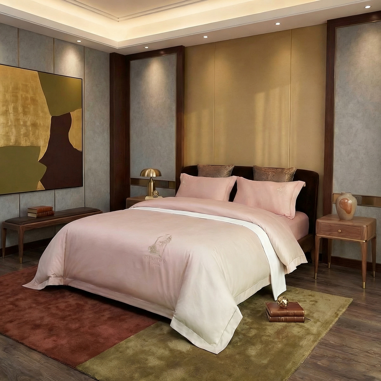 91家纺网 家纺一手货源 找家纺 U品汇 2026新款100支全棉纯棉长绒棉刺绣花四件套60S贡缎100%棉丝滑夏季冰丝凉爽 艾尚-藕粉玉