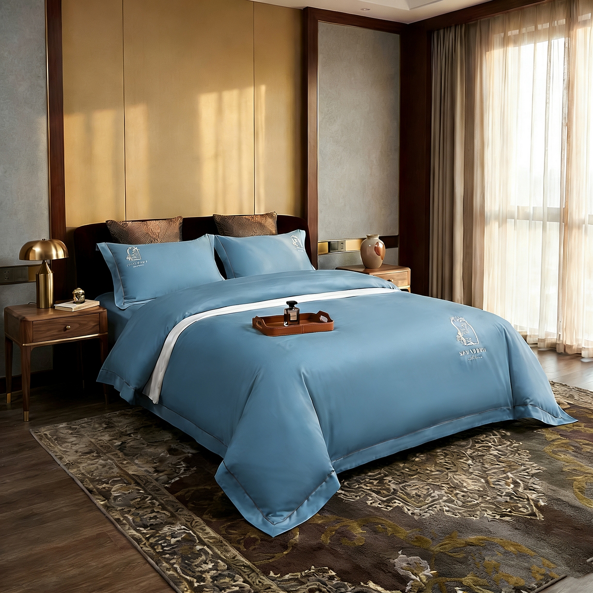 91家纺网 家纺一手货源 找家纺 U品汇 2026新款100支全棉纯棉长绒棉刺绣花四件套60S贡缎100%棉丝滑夏季冰丝凉爽 艾尚-深海蓝