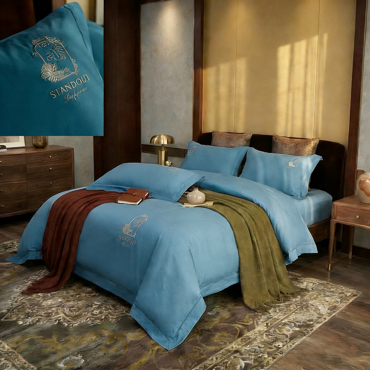 91家纺网 家纺一手货源 找家纺 U品汇 2026新款100支全棉纯棉长绒棉刺绣花四件套60S贡缎100%棉丝滑夏季冰丝凉爽 艾尚-深海蓝